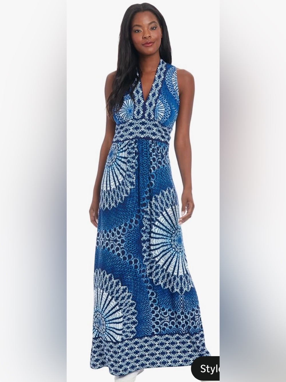 London Times Blue and White Halter Maxi Dress